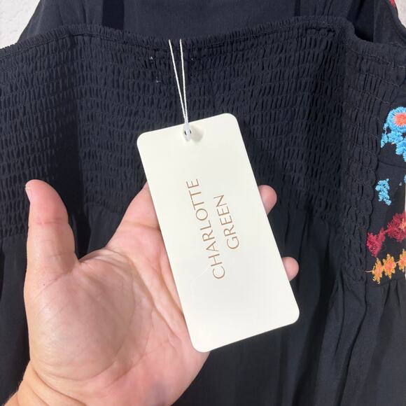 Charlotte Green Size 4 Boho Embroidered Midi Slip Dress Black Smocked Black - Picture 9 of 10